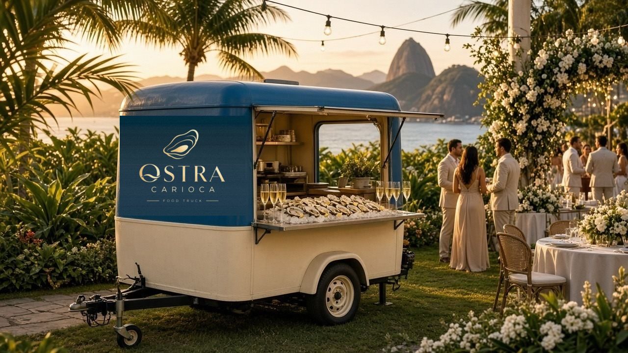 Food truck Ostra Carioca servindo ostras em um casamento ao entardecer, com o Pão de Açúcar ao fundo